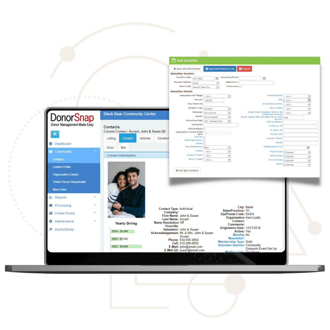 Laptop computer with DonorSnap contact record displayed