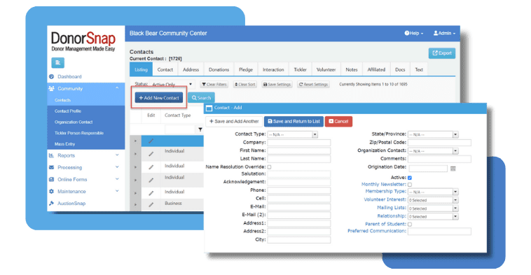 Nonprofit CRM Contact Tab in DonorSnap with add contact box open and built-in + custom user defined fields. 